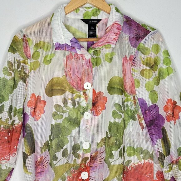 Ali Miles Small White / Floral Sheer Long Sleeve Button Down Tunic Top Women's S - Picture 3 of 5